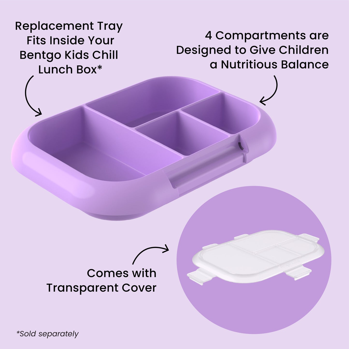 Bentgo® Chill Kids Tray with Transparent Cover - Vivid Orchid Speckle - Replacement Tray Fits Inside Your Bentgo Kids Chill Lunch Box, 4 Compartments Are Designed To Give Children A Nutritious Balance, And Comes With Transparent Cover