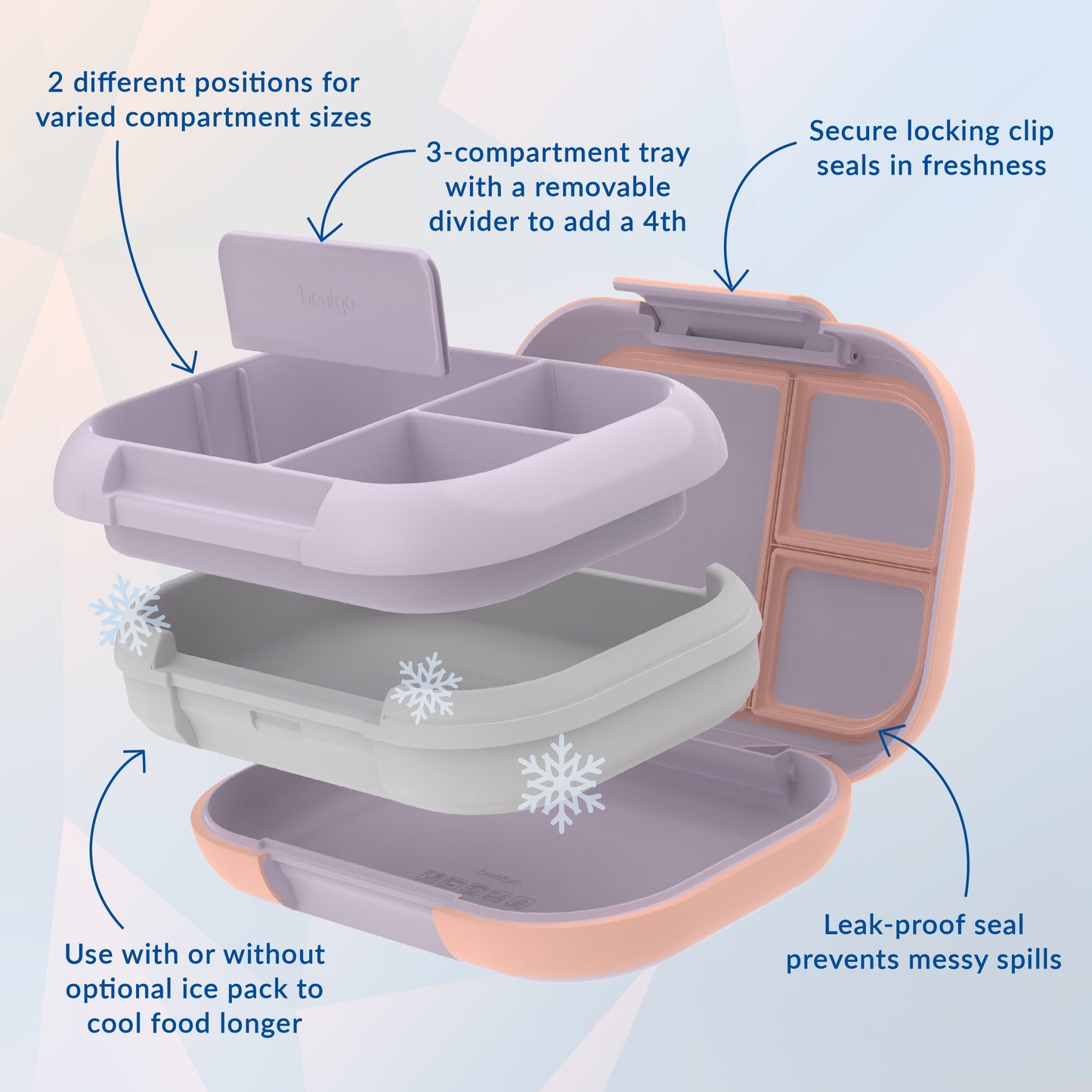 Bentgo® Chill Max Lunch Box (2-Pack) - Lavender and Peach | 2 Different Positions For Varied Compartment Sizes, 3-Compartment Tray With A Removable Divider To Add A 4th, Leak-Proof Seal Prevents Messy Spills, And Use With Or Without Optional Ice Pack To Cool Food Longer, and Secure Locking Clip Seals In Freshness
