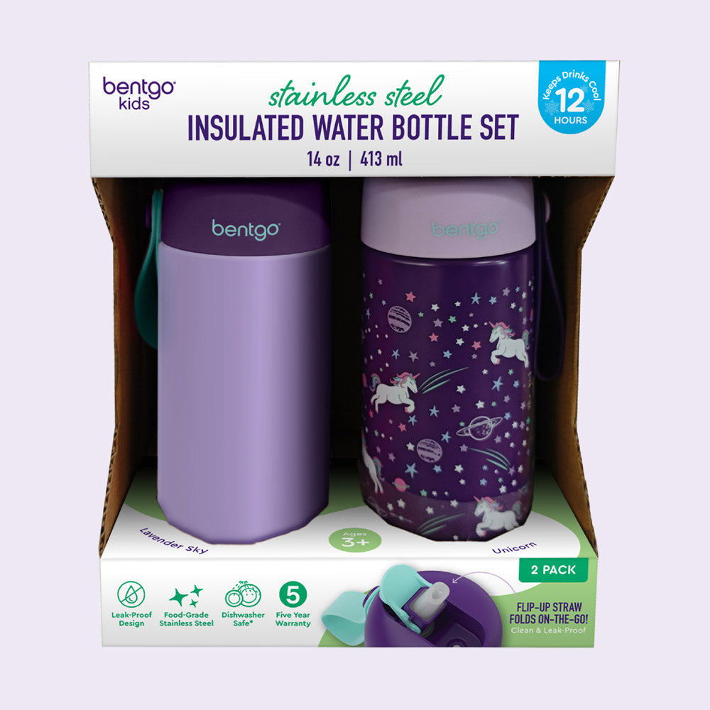 Bentgo® Kids Stainless Steel Insulated Water Bottle (2-Pack) - Unicorn/Lavender Sky | Packaging