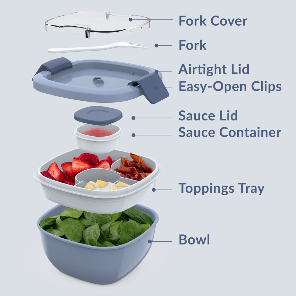 Bentgo® Salad Container (2-Pack) - Slate | Includes Fork Cover, Fork, Airtight Lid, Easy-Open Clips, Sauce Lid, Sauce Container, Toppings Tray, And Bowl