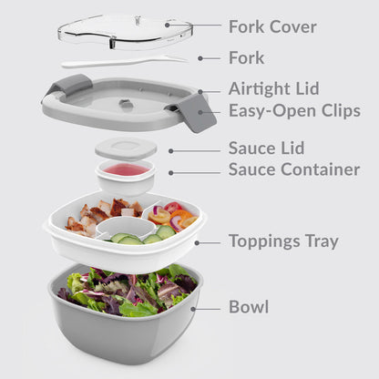 Bentgo® Salad Container (2-Pack) - Gray | Includes Fork Cover, Fork, Airtight Lid, Easy-Open Clips, Sauce Lid, Sauce Container, Toppings Tray, And Bowl
