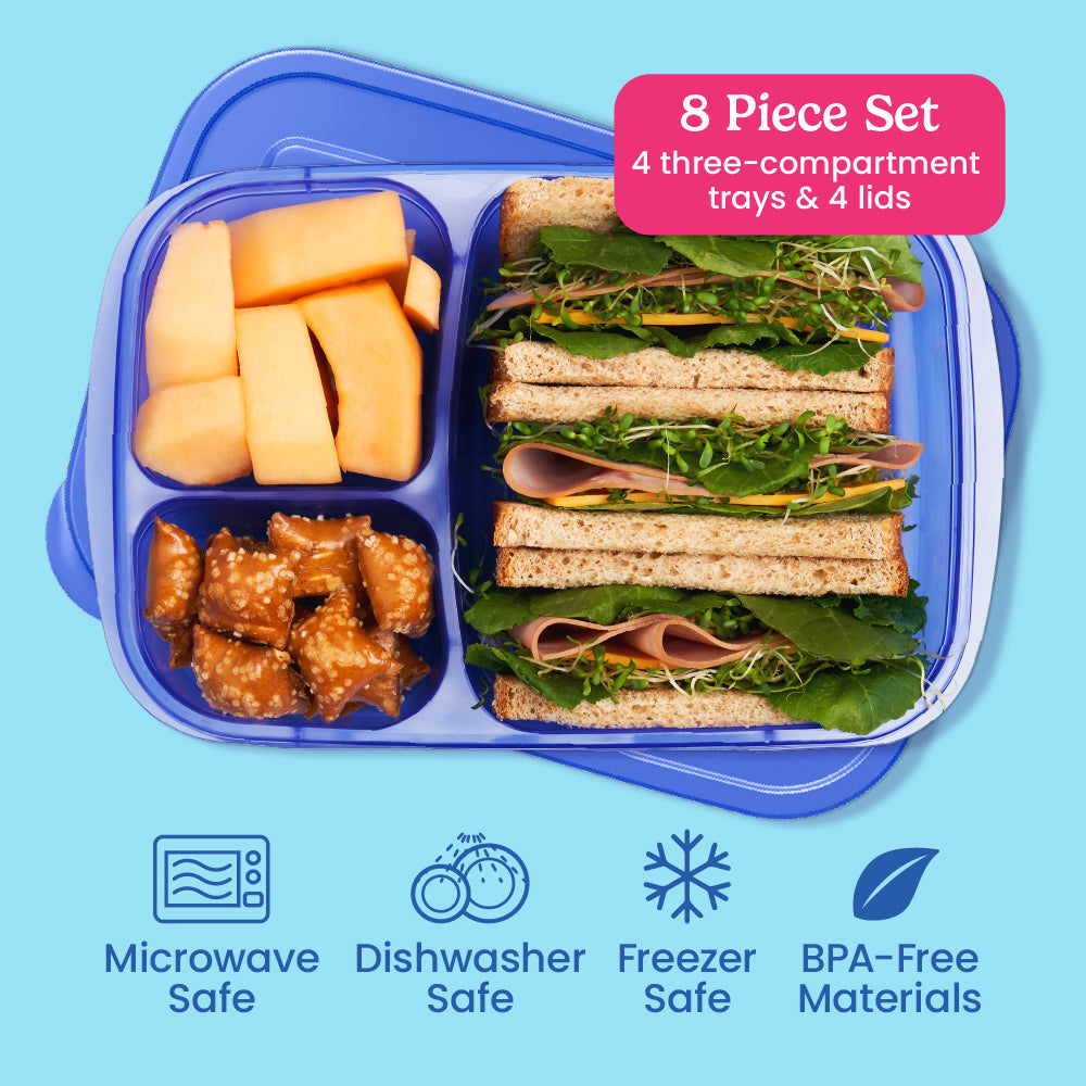 Bentgo® Easyboxes 3-Compartment Food Containers 8-Piece Set - Jewel Brights | 8-Piece Set with 4 three-compartment trays & 4 lids. Microwave safe, dishwasher safe, freezer safe, and made with BPA-free materials