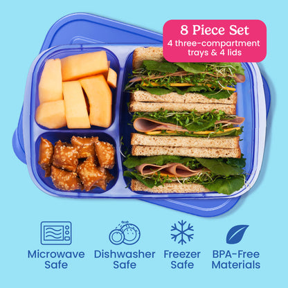 Bentgo® Easyboxes 3-Compartment Food Containers 8-Piece Set - Jewel Brights | 8-Piece Set with 4 three-compartment trays & 4 lids. Microwave safe, dishwasher safe, freezer safe, and made with BPA-free materials