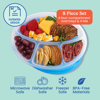 Bentgo Easyboxes™ 4-Compartment Oval Containers 8-Piece Set - Classic | 8 Piece Set with 4 four-compartment oval trays & 4 lids. Microwave safe, dishwasher safe, freezer safe, and made with BPA-free materials