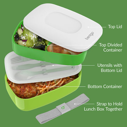 Bentgo® Classic Lunch Box - Green | Includes Top Lid, Top Divided Container, Utensils with Bottom Lid, Bottom Container, And Strap to Hold Lunch Box Together
