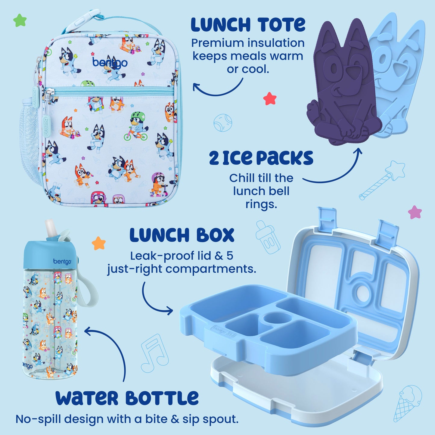 Bentgo + Bluey Kids Prints 5-Piece Lunch Box Set - Play Day | Lunch Tote - Premium Insulation Keeps Meals Warm Or Cool, 2 Ice Packs - Chill Till The Lunch Bell Rings, Lunch Box - Leak-Proof Lid & 5 Just-Right Compartments, Water Bottle - No-Spill Design With A Bite & Sip Spout