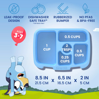 Bentgo + Bluey Kids Prints 5-Piece Lunch Box Set - Play Day | Leak-Proof Design, Dishwasher Safe Tray (Top Rack Only), Rubberized Bumper, No PFAs & BPA-Free | Product Dimensions