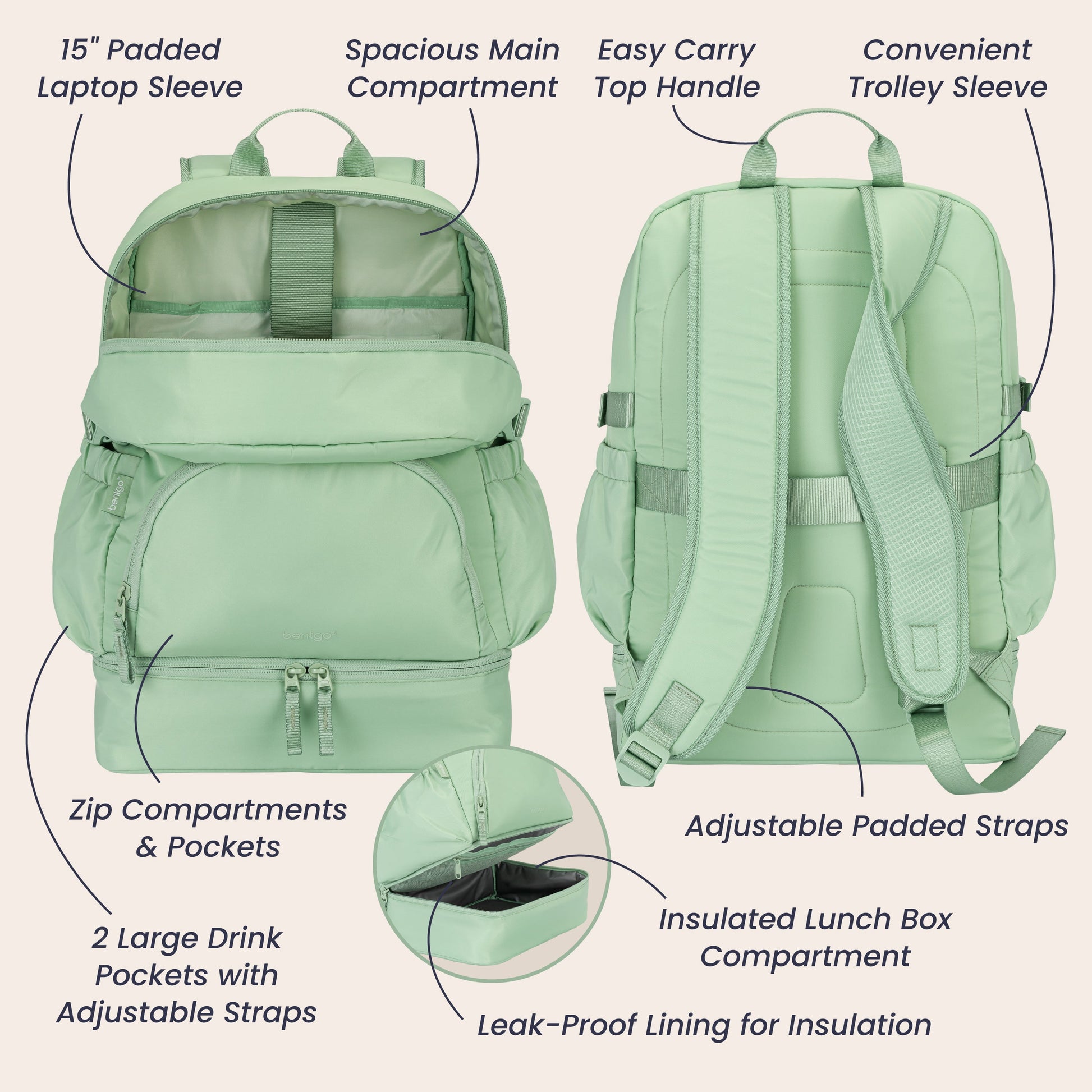 Bentgo® 2-in-1 Backpack & Lunch Bag - Clay Green | 15” Padded Laptop Sleeve, Spacious Main Compartment, Zip Compartments & Pockets, 2 Large Drink Pockets With Adjustable Straps, Easy Carry Top Handle, Convenient Trolley Sleeve, Adjustable Padded Straps, Insulated Lunch Box Compartment, And Leak-Proof Lining For Insulation