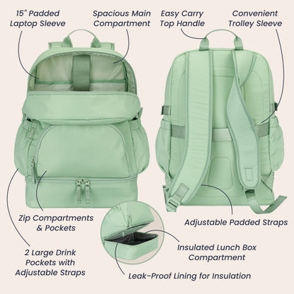 Bentgo® 2-in-1 Backpack & Lunch Bag - Clay Green | 15” Padded Laptop Sleeve, Spacious Main Compartment, Zip Compartments & Pockets, 2 Large Drink Pockets With Adjustable Straps, Easy Carry Top Handle, Convenient Trolley Sleeve, Adjustable Padded Straps, Insulated Lunch Box Compartment, And Leak-Proof Lining For Insulation