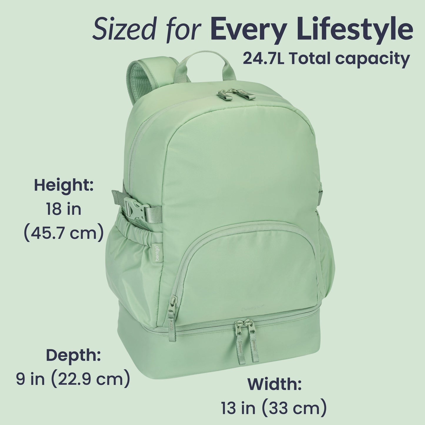Bentgo® 2-in-1 Backpack & Lunch Bag - Clay Green | Sized For Every Lifestyle - Product Dimensions