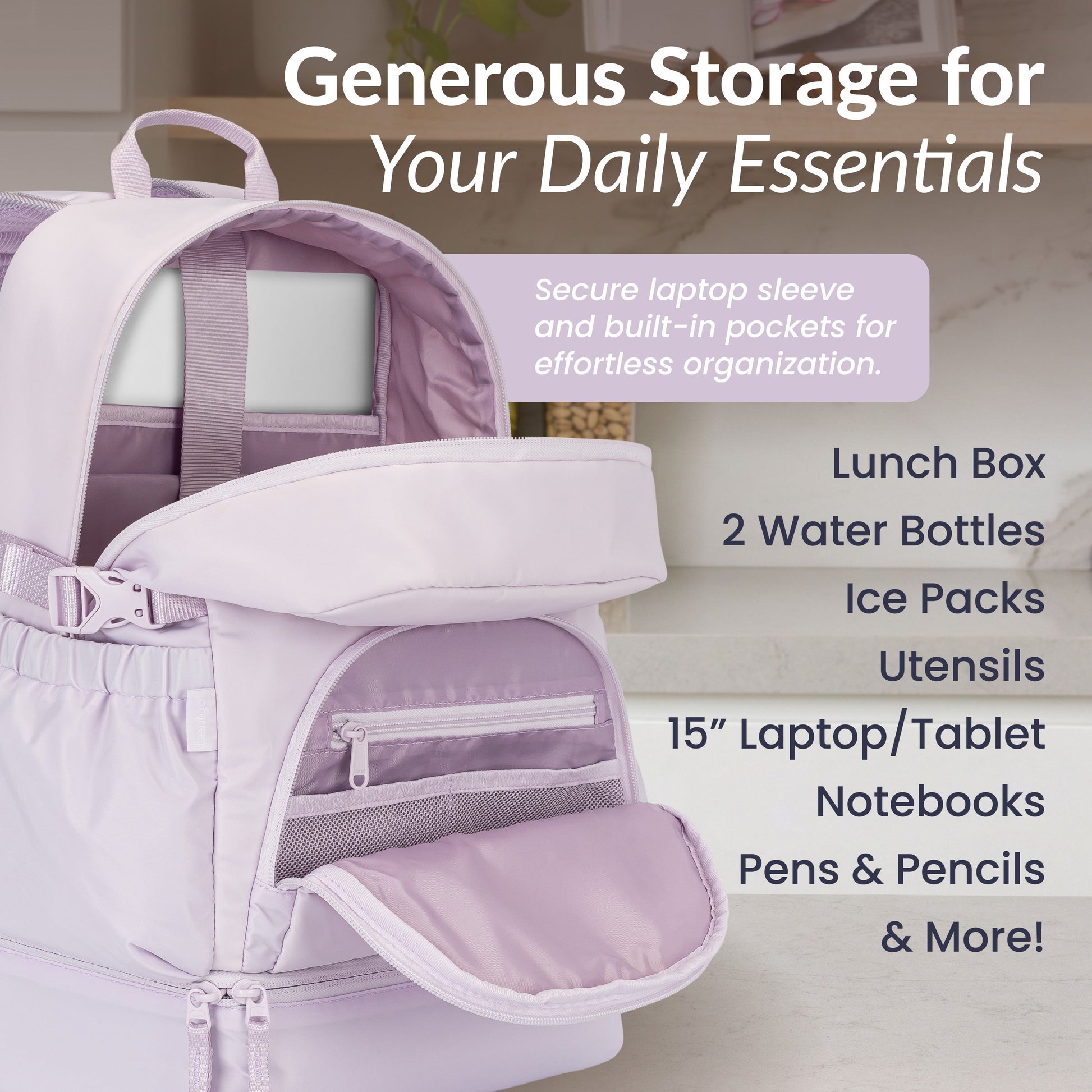 Bentgo® 2-in-1 Backpack & Lunch Bag - Lavender | Generous Storage For Your Daily Essentials - Secure Laptop Sleeve And Built-In Pockets For Effortless Organization - Lunch Box, 2 Water Bottles, Ice Packs, Utensils, 15” Laptop/Tablet, Notebooks, Pens & Pencils, & More!