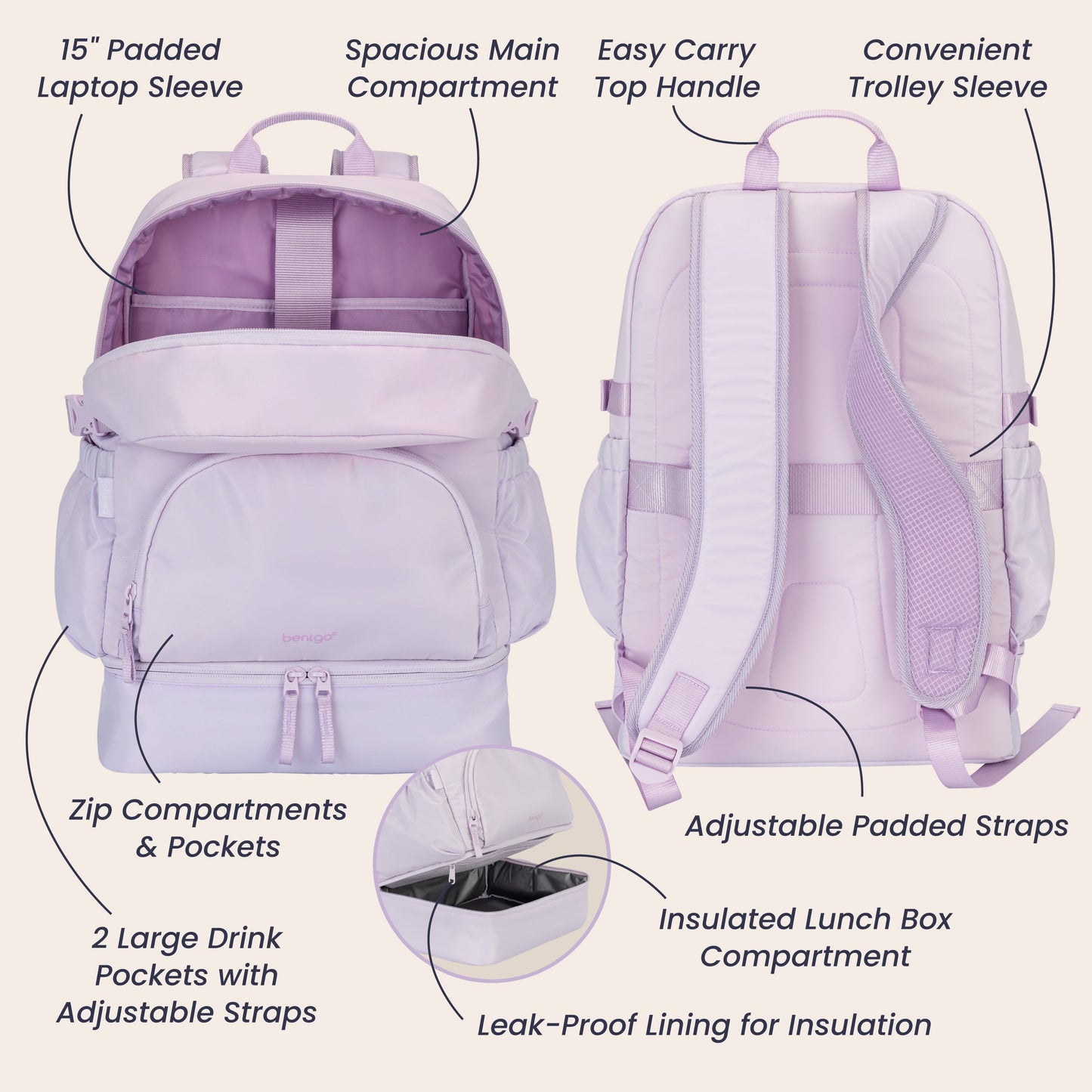 Bentgo® 2-in-1 Backpack & Lunch Bag - Lavender | 15” Padded Laptop Sleeve, Spacious Main Compartment, Zip Compartments & Pockets, 2 Large Drink Pockets With Adjustable Straps, Easy Carry Top Handle, Convenient Trolley Sleeve, Adjustable Padded Straps, Insulated Lunch Box Compartment, And Leak-Proof Lining For Insulation