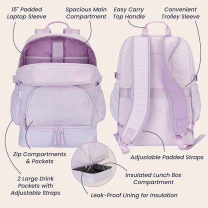 Bentgo® 2-in-1 Backpack & Lunch Bag - Lavender | 15” Padded Laptop Sleeve, Spacious Main Compartment, Zip Compartments & Pockets, 2 Large Drink Pockets With Adjustable Straps, Easy Carry Top Handle, Convenient Trolley Sleeve, Adjustable Padded Straps, Insulated Lunch Box Compartment, And Leak-Proof Lining For Insulation