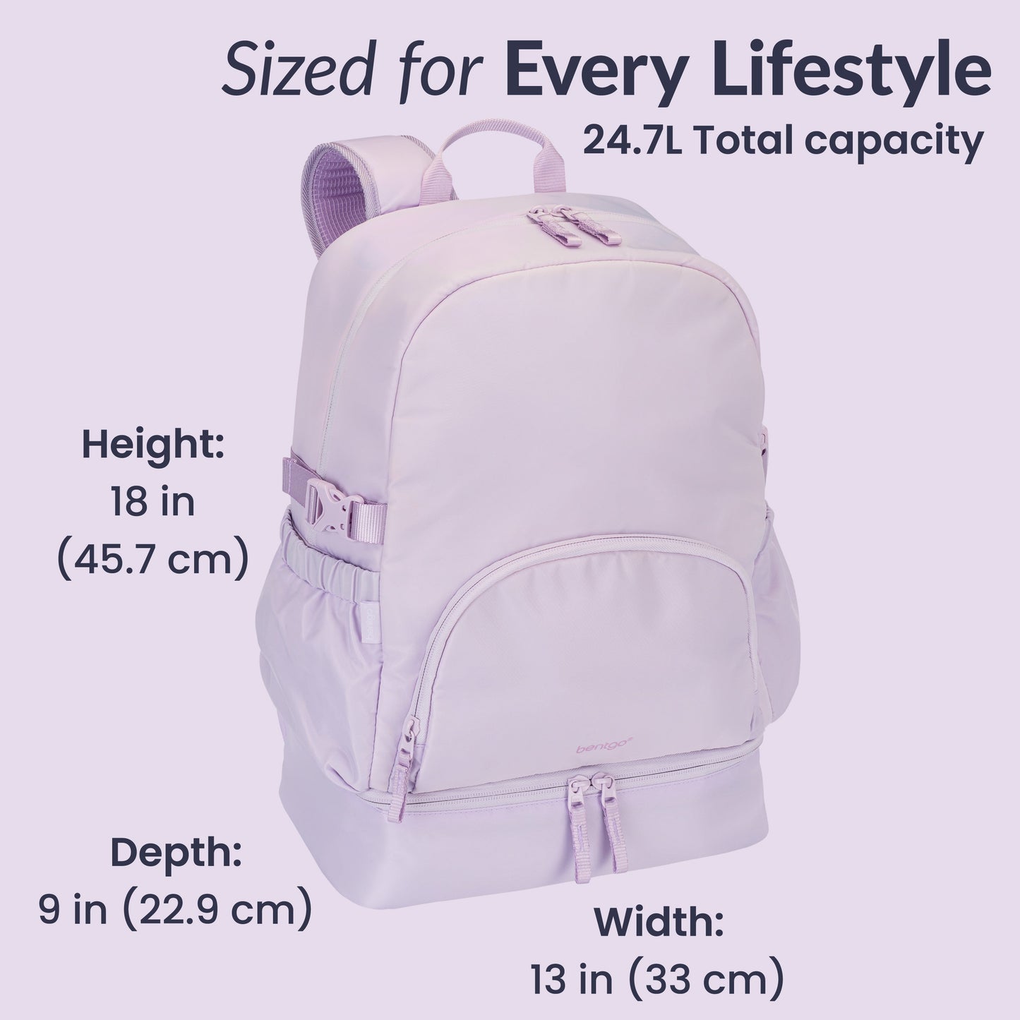 Bentgo® 2-in-1 Backpack & Lunch Bag - Lavender | Sized For Every Lifestyle - Product Dimensions