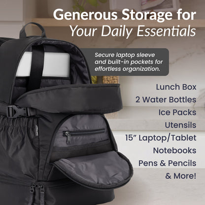 Bentgo® 2-in-1 Backpack & Lunch Bag - Obsidian Charcoal | Generous Storage For Your Daily Essentials - Secure Laptop Sleeve And Built-In Pockets For Effortless Organization - Lunch Box, 2 Water Bottles, Ice Packs, Utensils, 15” Laptop/Tablet, Notebooks, Pens & Pencils, & More!