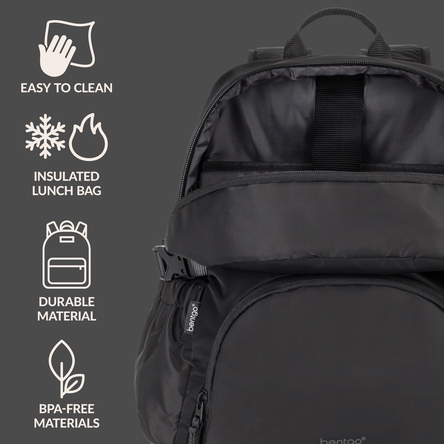 Bentgo® 2-in-1 Backpack & Lunch Bag - Obsidian Charcoal | Easy To Clean, Insulated Lunch Bag, Durable Material, And Made With BPA-Free Materials