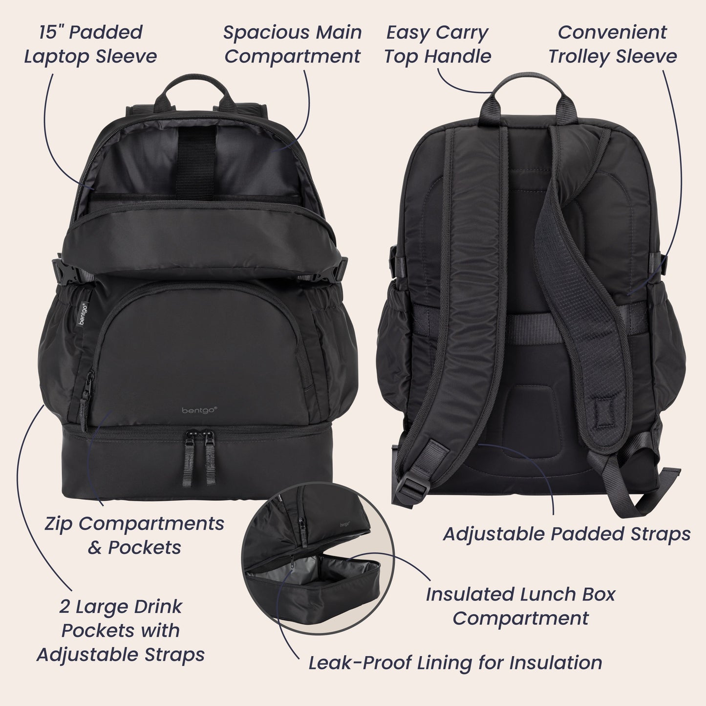 Bentgo® 2-in-1 Backpack & Lunch Bag - Obsidian Charcoal | 15” Padded Laptop Sleeve, Spacious Main Compartment, Zip Compartments & Pockets, 2 Large Drink Pockets With Adjustable Straps, Easy Carry Top Handle, Convenient Trolley Sleeve, Adjustable Padded Straps, Insulated Lunch Box Compartment, And Leak-Proof Lining For Insulation