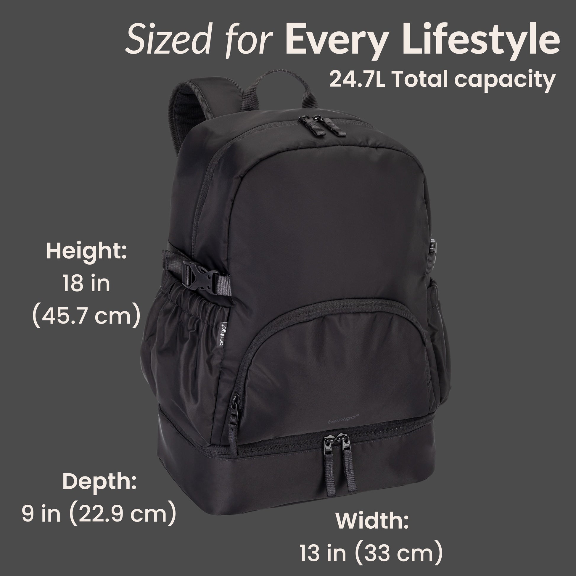 Bentgo® 2-in-1 Backpack & Lunch Bag - Obsidian Charcoal | Sized For Every Lifestyle - Product Dimensions