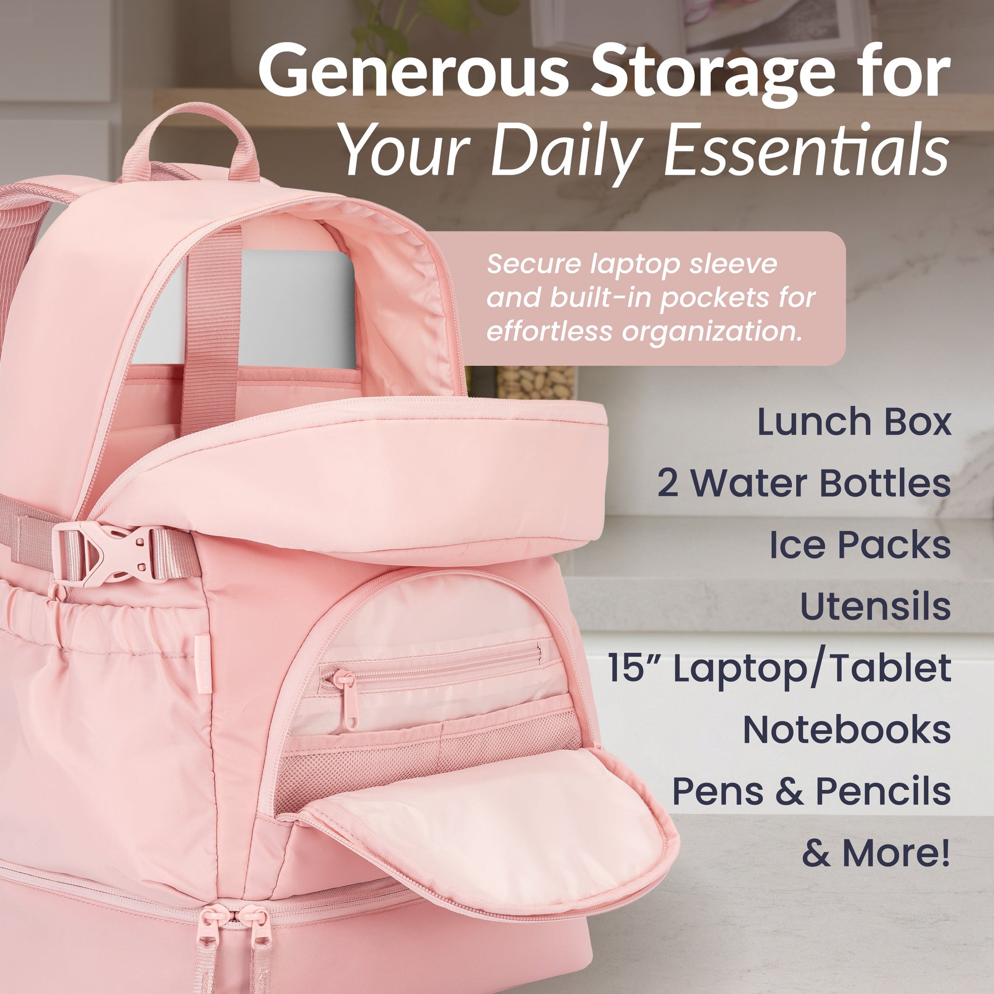 Bentgo® 2-in-1 Backpack & Lunch Bag - Soft Blush | Generous Storage For Your Daily Essentials - Secure Laptop Sleeve And Built-In Pockets For Effortless Organization - Lunch Box, 2 Water Bottles, Ice Packs, Utensils, 15” Laptop/Tablet, Notebooks, Pens & Pencils, & More!