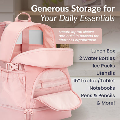 Bentgo® 2-in-1 Backpack & Lunch Bag - Soft Blush | Generous Storage For Your Daily Essentials - Secure Laptop Sleeve And Built-In Pockets For Effortless Organization - Lunch Box, 2 Water Bottles, Ice Packs, Utensils, 15” Laptop/Tablet, Notebooks, Pens & Pencils, & More!