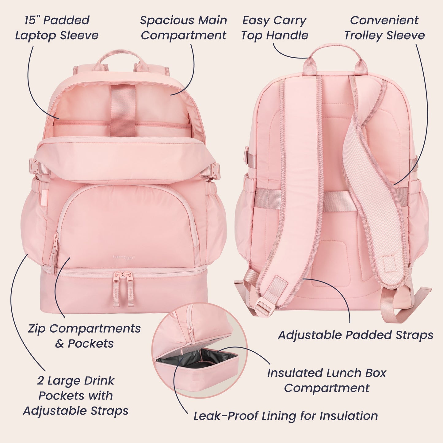 Bentgo® 2-in-1 Backpack & Lunch Bag - Soft Blush | 15” Padded Laptop Sleeve, Spacious Main Compartment, Zip Compartments & Pockets, 2 Large Drink Pockets With Adjustable Straps, Easy Carry Top Handle, Convenient Trolley Sleeve, Adjustable Padded Straps, Insulated Lunch Box Compartment, And Leak-Proof Lining For Insulation