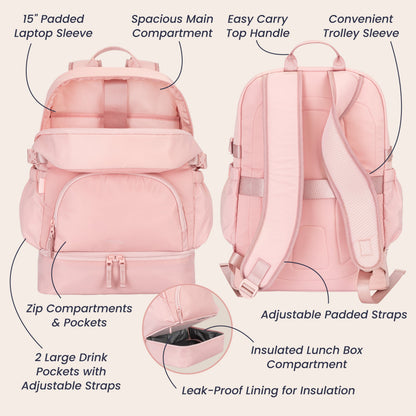 Bentgo® 2-in-1 Backpack & Lunch Bag - Soft Blush | 15” Padded Laptop Sleeve, Spacious Main Compartment, Zip Compartments & Pockets, 2 Large Drink Pockets With Adjustable Straps, Easy Carry Top Handle, Convenient Trolley Sleeve, Adjustable Padded Straps, Insulated Lunch Box Compartment, And Leak-Proof Lining For Insulation
