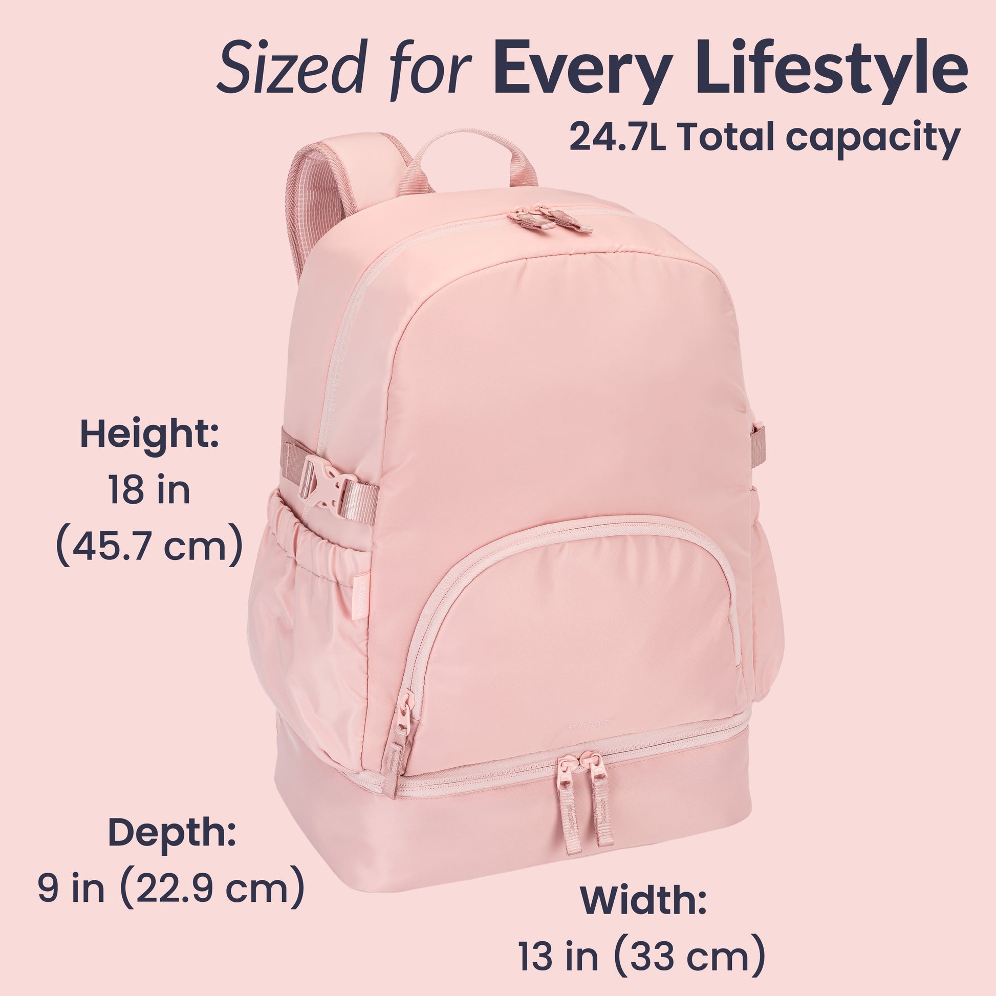 Bentgo® 2-in-1 Backpack & Lunch Bag - Soft Blush | Sized For Every Lifestyle - Product Dimensions