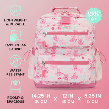 Bentgo Kids Prints Backpack - Ballet and Bows | Lightweight & Durable, Easy-Clean Fabric, Water-Resistant, Roomy & Spacious - Product Dimensions