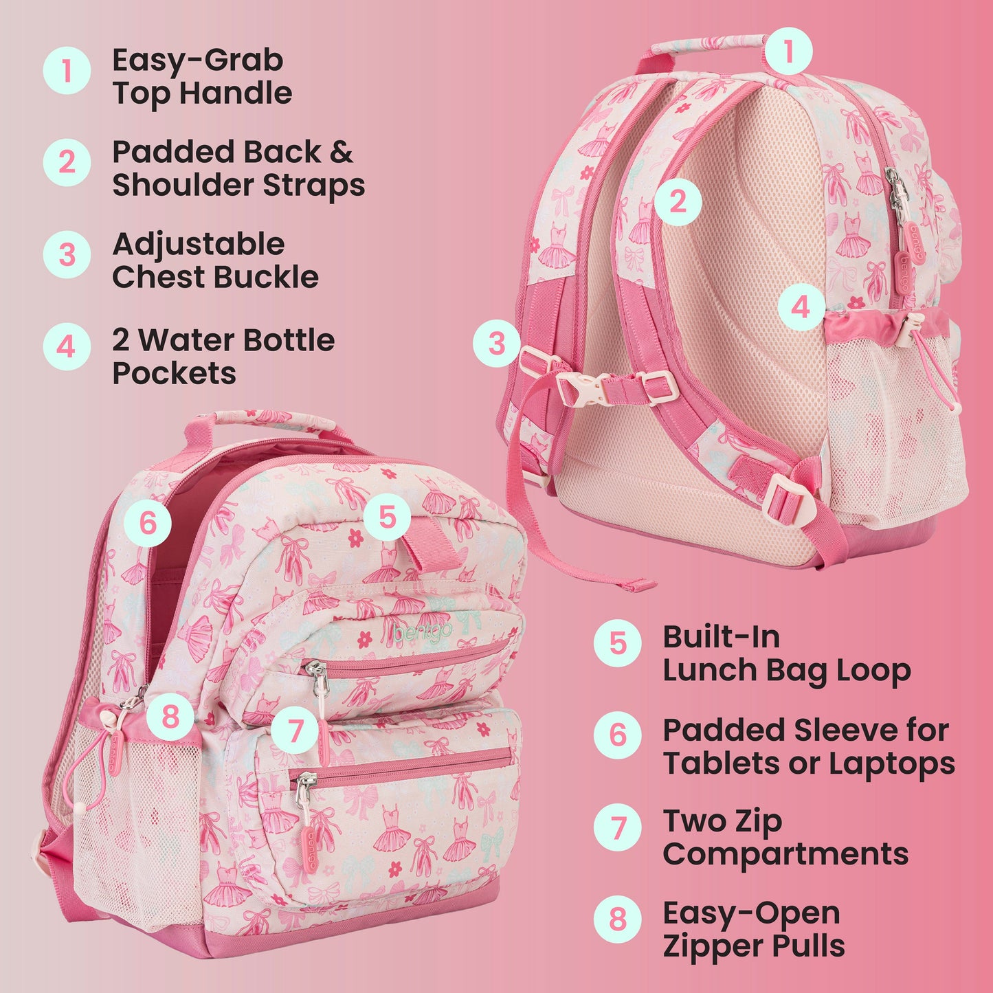 Bentgo Kids Prints Backpack - Ballet and Bows | Easy-Grab Top Handle, Padded Back & Shoulder Straps, Adjustable Chest Buckle, 2 Water Bottle Pockets, Built-In Lunch Bag Loop, Padded Sleeve For Tablets Or Laptops, Two Zip Compartments, And Easy-Open Zipper Pulls
