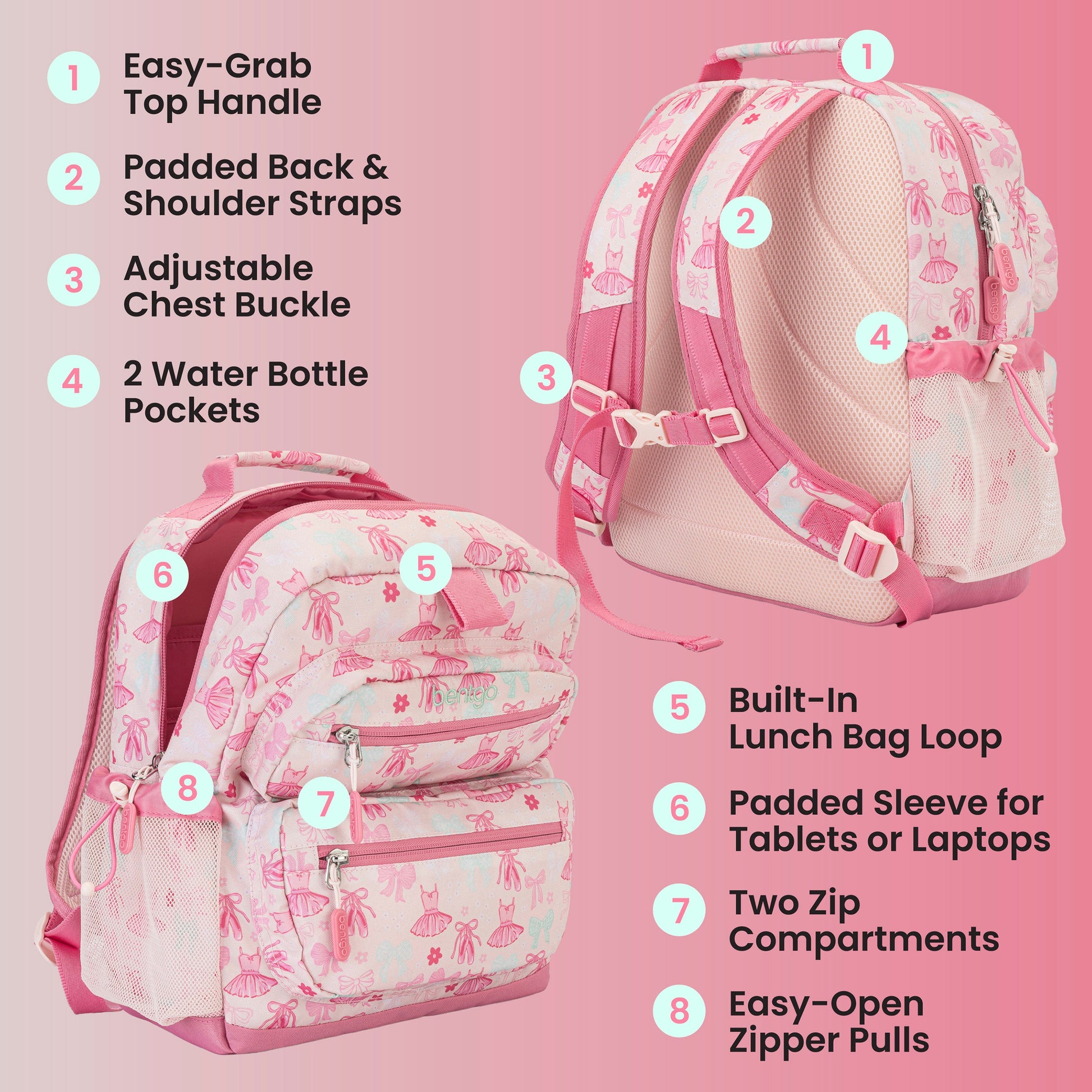 Bentgo Kids Prints Backpack - Ballet and Bows | Easy-Grab Top Handle, Padded Back & Shoulder Straps, Adjustable Chest Buckle, 2 Water Bottle Pockets, Built-In Lunch Bag Loop, Padded Sleeve For Tablets Or Laptops, Two Zip Compartments, And Easy-Open Zipper Pulls