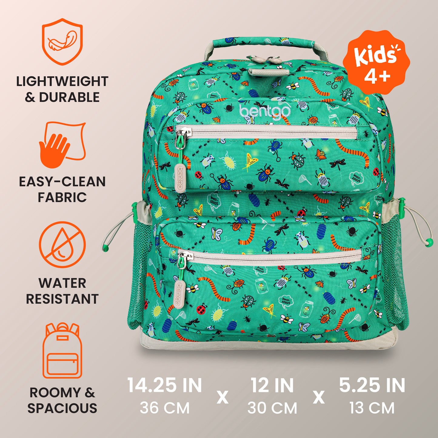Bentgo Kids Prints Backpack - Bug Buddies | Lightweight & Durable, Easy-Clean Fabric, Water-Resistant, Roomy & Spacious - Product Dimensions