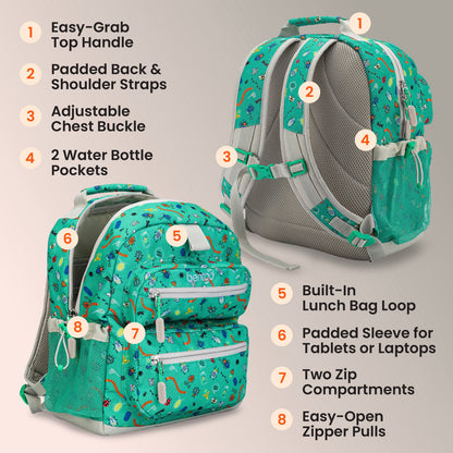 Bentgo Kids Prints Backpack - Bug Buddies | Easy-Grab Top Handle, Padded Back & Shoulder Straps, Adjustable Chest Buckle, 2 Water Bottle Pockets, Built-In Lunch Bag Loop, Padded Sleeve For Tablets Or Laptops, Two Zip Compartments, And Easy-Open Zipper Pulls