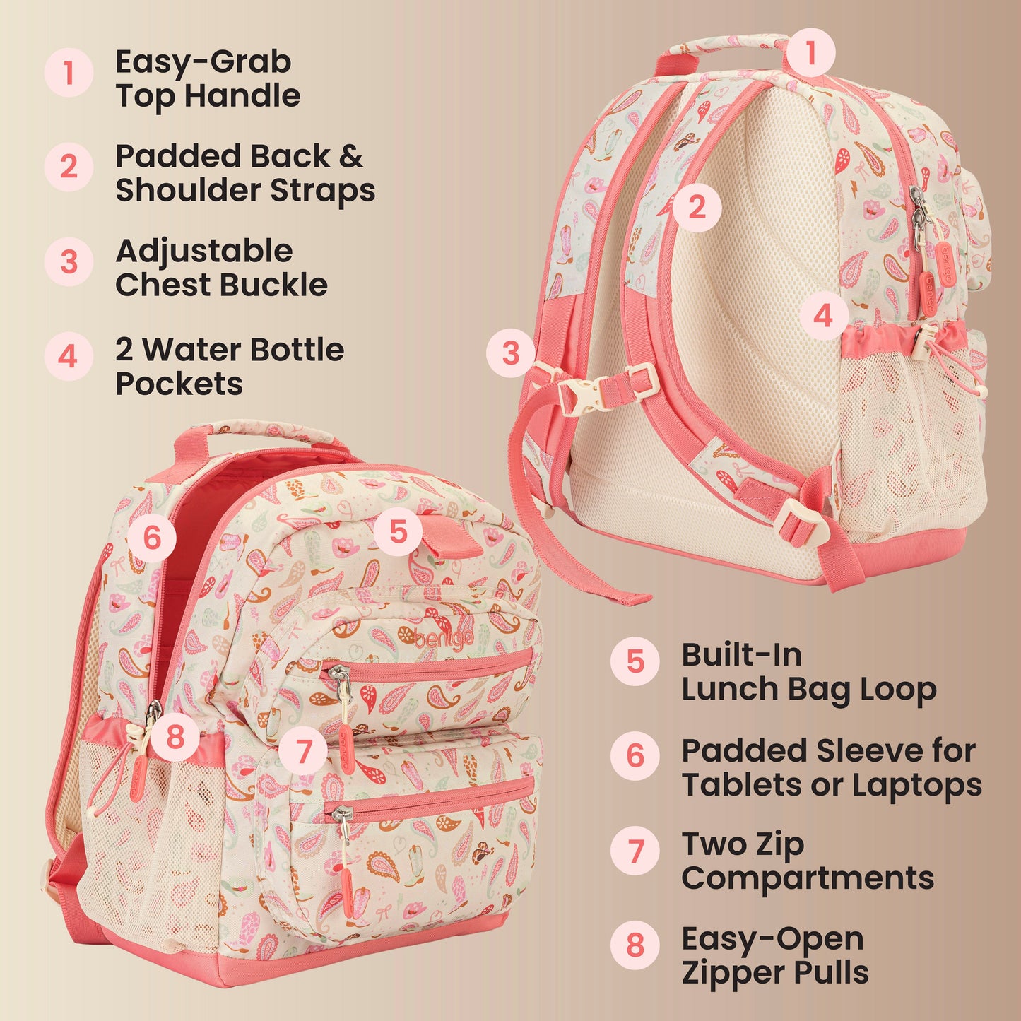 Bentgo Kids Prints Backpack - Cowgirl Dreams | Easy-Grab Top Handle, Padded Back & Shoulder Straps, Adjustable Chest Buckle, 2 Water Bottle Pockets, Built-In Lunch Bag Loop, Padded Sleeve For Tablets Or Laptops, Two Zip Compartments, And Easy-Open Zipper Pulls