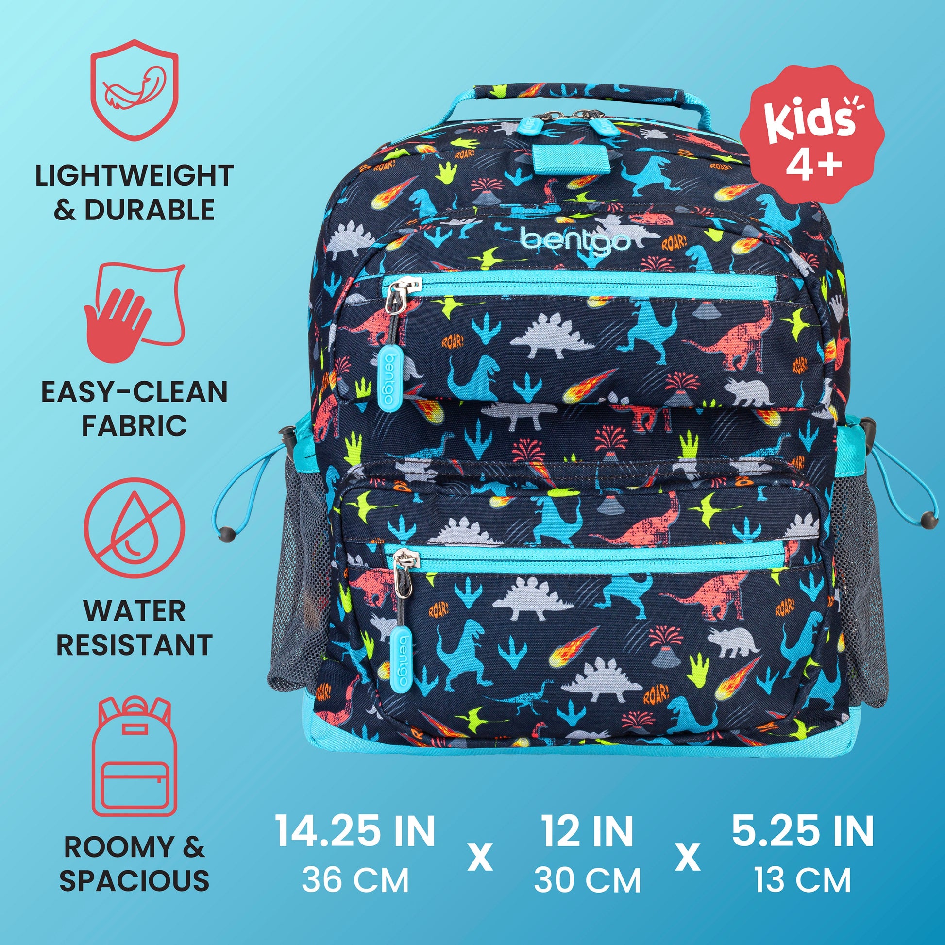 Bentgo Kids Prints Backpack - Dinosaur | Lightweight & Durable, Easy-Clean Fabric, Water-Resistant, Roomy & Spacious - Product Dimensions