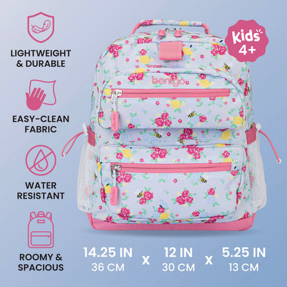 Bentgo Kids Prints Backpack - Blooming Floral | Lightweight & Durable, Easy-Clean Fabric, Water-Resistant, Roomy & Spacious - Product Dimensions