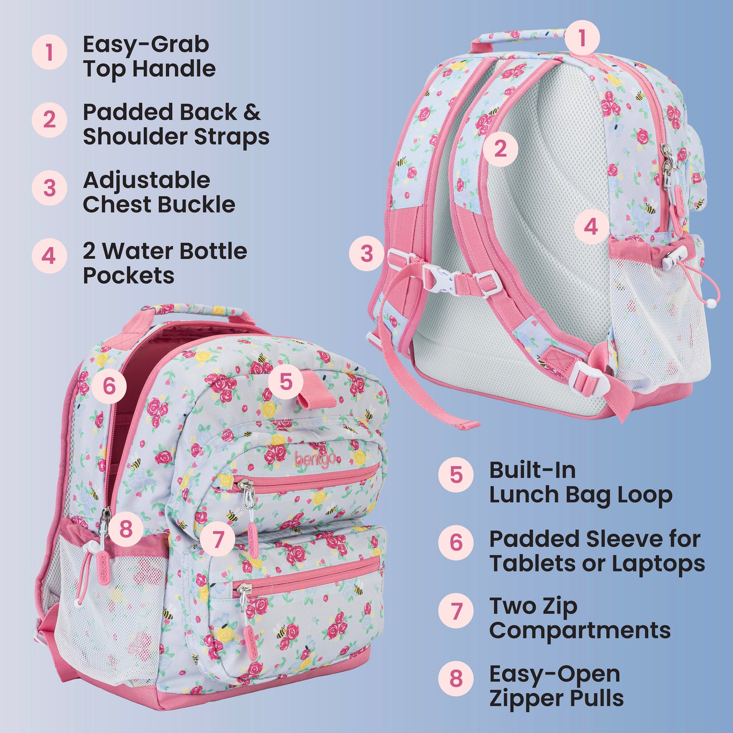 Bentgo Kids Prints Backpack - Blooming Floral | Easy-Grab Top Handle, Padded Back & Shoulder Straps, Adjustable Chest Buckle, 2 Water Bottle Pockets, Built-In Lunch Bag Loop, Padded Sleeve For Tablets Or Laptops, Two Zip Compartments, And Easy-Open Zipper Pulls