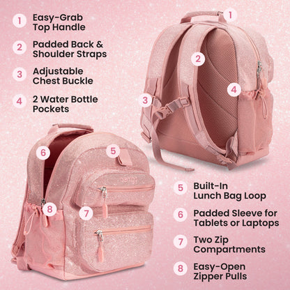 Bentgo Kids Prints Backpack - Petal Pink Glitter | Easy-Grab Top Handle, Padded Back & Shoulder Straps, Adjustable Chest Buckle, 2 Water Bottle Pockets, Built-In Lunch Bag Loop, Padded Sleeve For Tablets Or Laptops, Two Zip Compartments, And Easy-Open Zipper Pulls