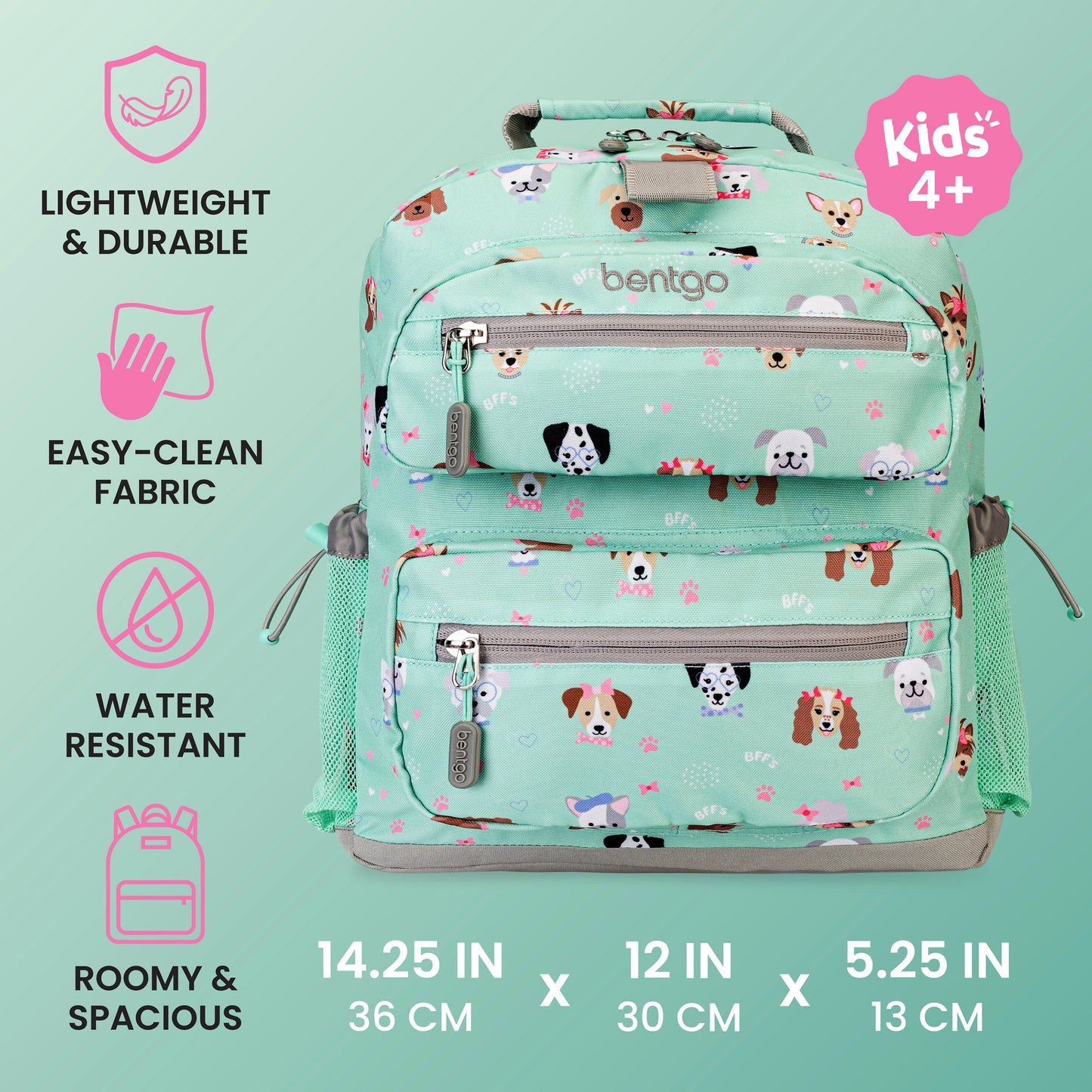Bentgo Kids Prints Backpack - Puppy Love | Lightweight & Durable, Easy-Clean Fabric, Water-Resistant, Roomy & Spacious - Product Dimensions