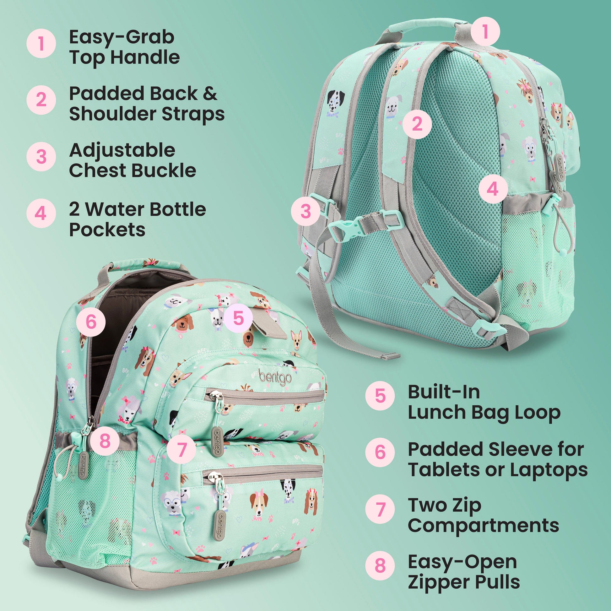 Bentgo Kids Prints Backpack - Puppy Love | Easy-Grab Top Handle, Padded Back & Shoulder Straps, Adjustable Chest Buckle, 2 Water Bottle Pockets, Built-In Lunch Bag Loop, Padded Sleeve For Tablets Or Laptops, Two Zip Compartments, And Easy-Open Zipper Pulls