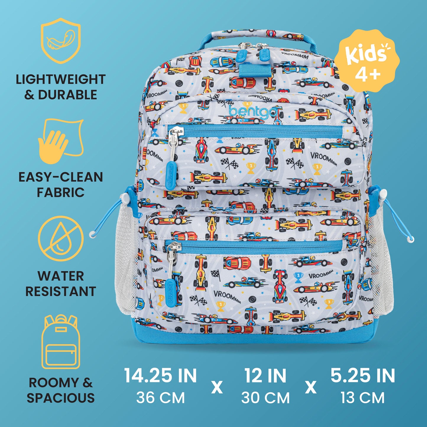 Bentgo Kids Prints Backpack - Race Cars | Lightweight & Durable, Easy-Clean Fabric, Water-Resistant, Roomy & Spacious - Product Dimensions