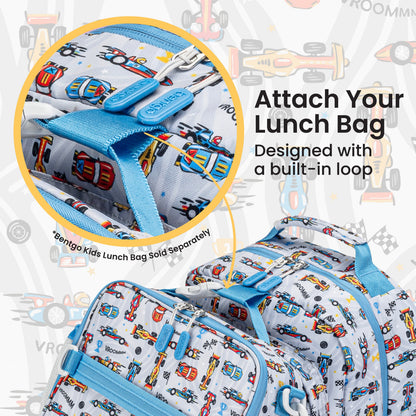 Bentgo Kids Prints Backpack - Race Cars | Attach Your Lunch Bag - Designed With A Built-In Loop - Bentgo Kids Lunch Bag Sold Separately