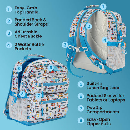 Bentgo Kids Prints Backpack - Race Cars | Easy-Grab Top Handle, Padded Back & Shoulder Straps, Adjustable Chest Buckle, 2 Water Bottle Pockets, Built-In Lunch Bag Loop, Padded Sleeve For Tablets Or Laptops, Two Zip Compartments, And Easy-Open Zipper Pulls