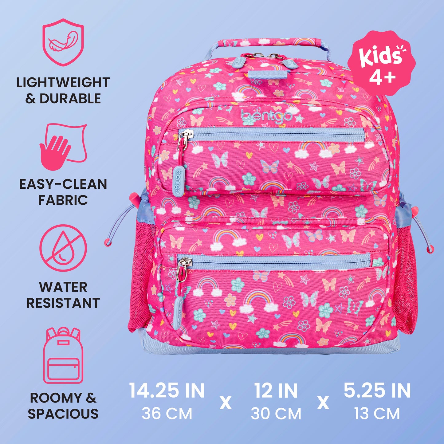 Bentgo Kids Prints Backpack - Rainbows and Butterflies| Lightweight & Durable, Easy-Clean Fabric, Water-Resistant, Roomy & Spacious - Product Dimensions