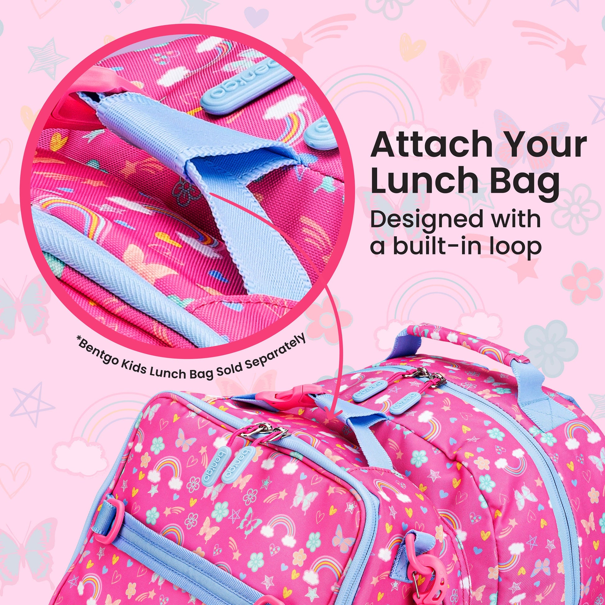 Bentgo Kids Prints Backpack - Rainbows and Butterflies| Attach Your Lunch Bag - Designed With A Built-In Loop - Bentgo Kids Lunch Bag Sold Separately