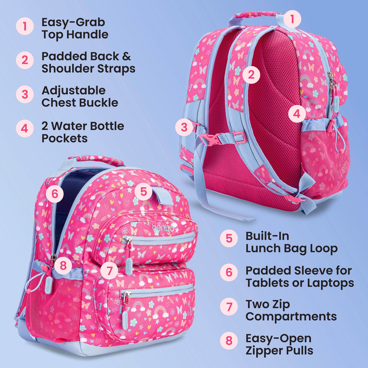 Bentgo Kids Prints Backpack - Rainbows and Butterflies| Easy-Grab Top Handle, Padded Back & Shoulder Straps, Adjustable Chest Buckle, 2 Water Bottle Pockets, Built-In Lunch Bag Loop, Padded Sleeve For Tablets Or Laptops, Two Zip Compartments, And Easy-Open Zipper Pulls