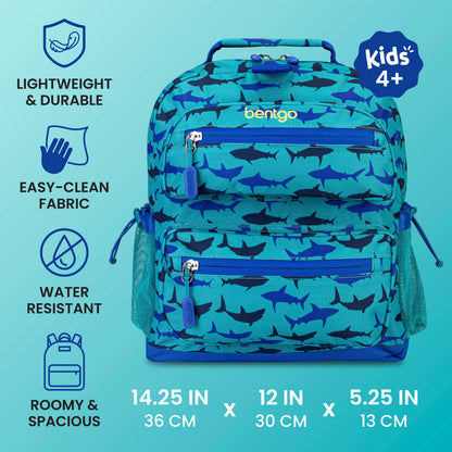 Bentgo Kids Prints Backpack - Sharks | Lightweight & Durable, Easy-Clean Fabric, Water-Resistant, Roomy & Spacious - Product Dimensions