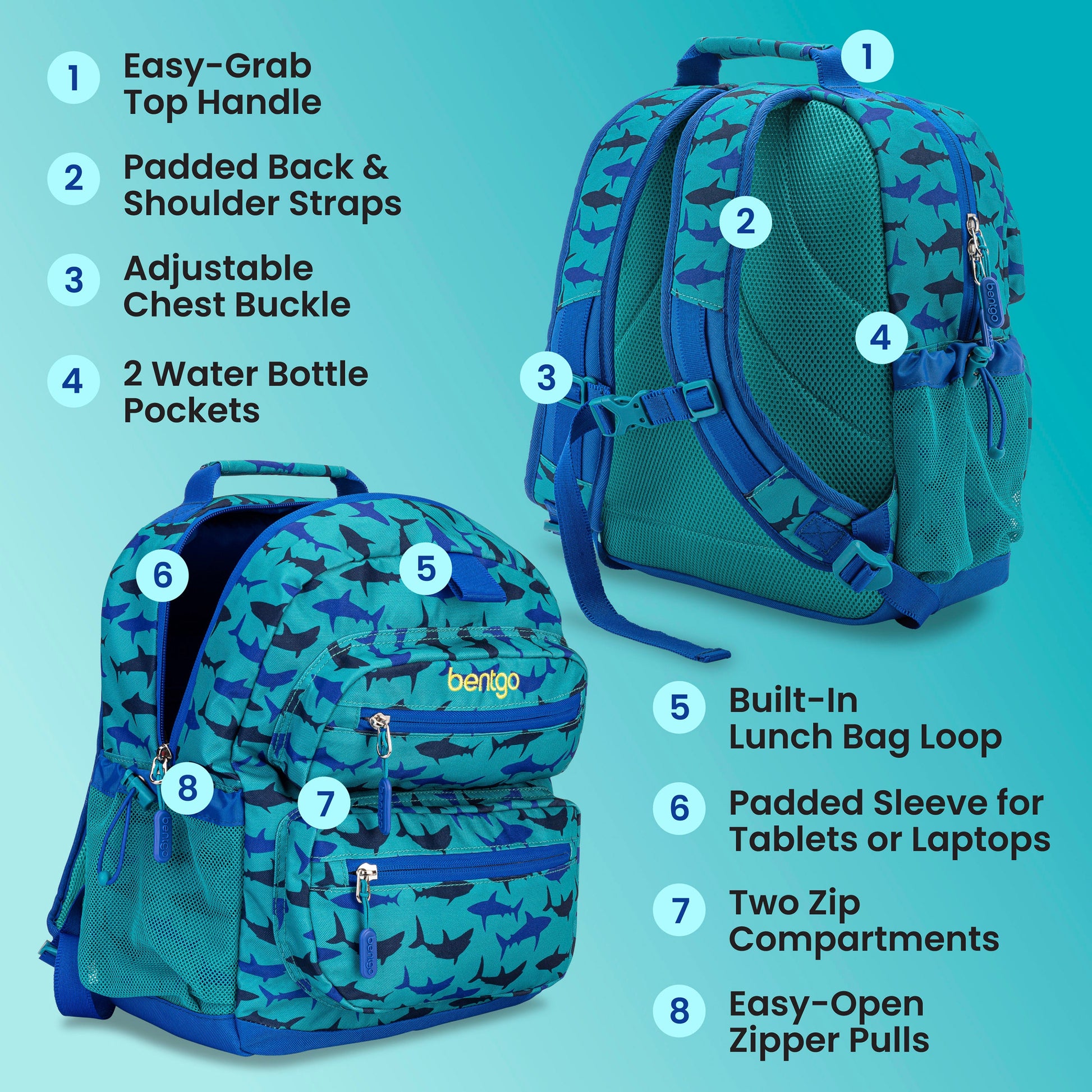 Bentgo Kids Prints Backpack - Sharks | Easy-Grab Top Handle, Padded Back & Shoulder Straps, Adjustable Chest Buckle, 2 Water Bottle Pockets, Built-In Lunch Bag Loop, Padded Sleeve For Tablets Or Laptops, Two Zip Compartments, And Easy-Open Zipper Pulls
