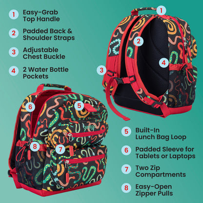 Bentgo Kids Prints Backpack - Sssnakes | Easy-Grab Top Handle, Padded Back & Shoulder Straps, Adjustable Chest Buckle, 2 Water Bottle Pockets, Built-In Lunch Bag Loop, Padded Sleeve For Tablets Or Laptops, Two Zip Compartments, And Easy-Open Zipper Pulls