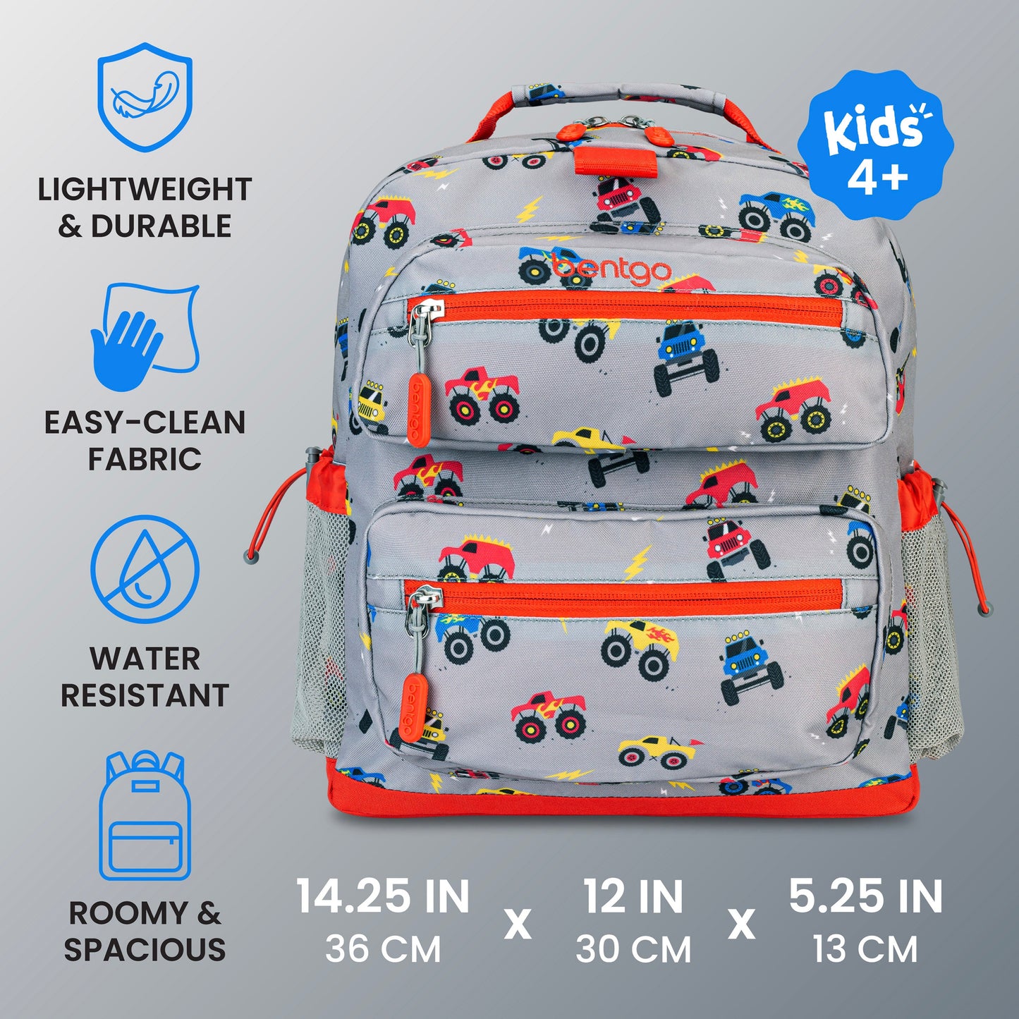 Bentgo Kids Prints Backpack - Trucks | Lightweight & Durable, Easy-Clean Fabric, Water-Resistant, Roomy & Spacious - Product Dimensions