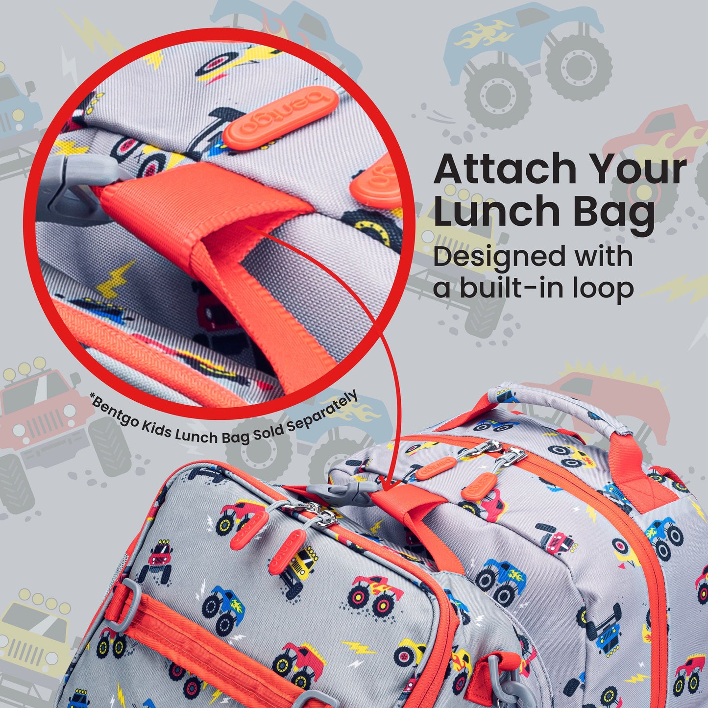 Bentgo Kids Prints Backpack - Trucks | Attach Your Lunch Bag - Designed With A Built-In Loop - Bentgo Kids Lunch Bag Sold Separately